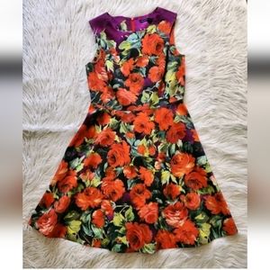 Karen Millen Floral A Line Dress Fit Flare US 8 Sleeveless Red Black Purple Rose